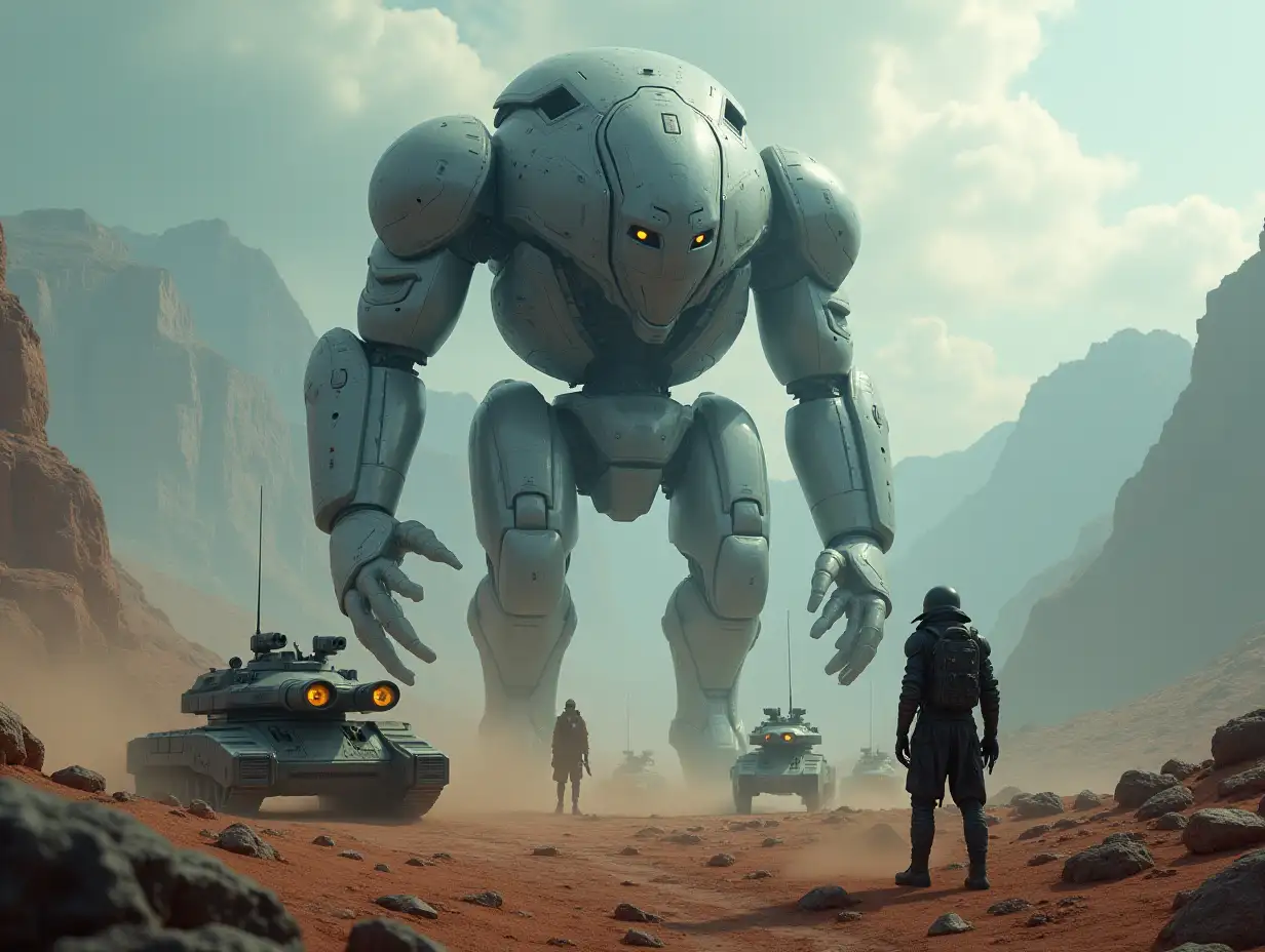 Create AI fantasy with a high-resolution, realistic image of the artificial Robert, 40 meters tall, and an alien, with battle robots and cell tanks on the alien on Pandora 4k resolution