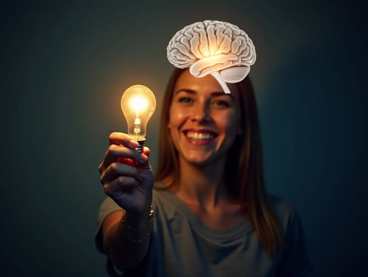 A person smiling and holding a glowing LED bulb in their hand, with a transparent brain superimposed over their head, glowing brightly.