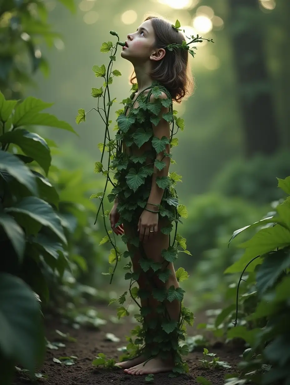 Realistic photo Girl stands in a garden sideways with a green stem growing from her mouth, body wrapped in green vines, feet in the ground. Green stems grow from her head