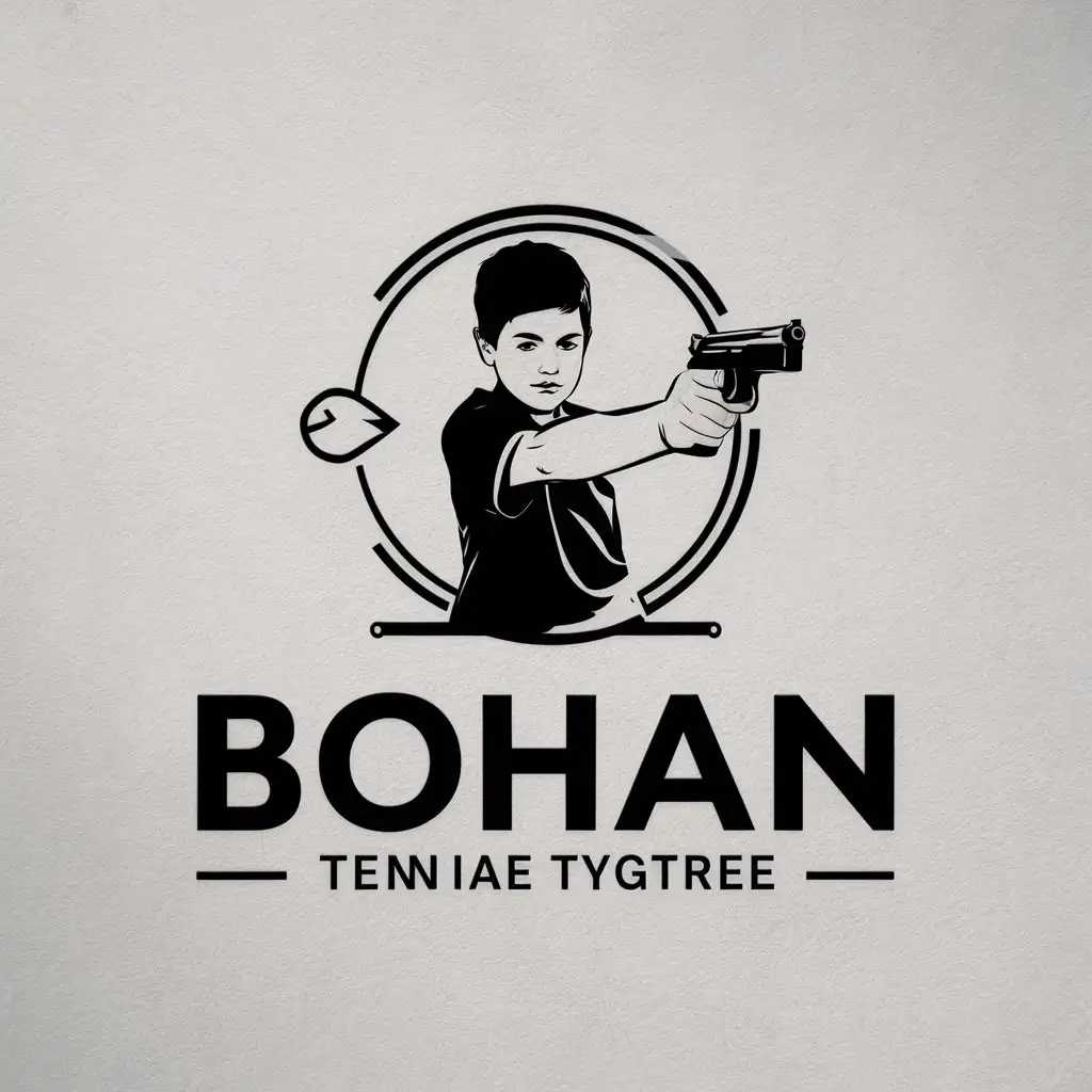 a vector logo design,with the text "BoHan", main symbol:A boy posing for a gun shooting stance,complex,clear background