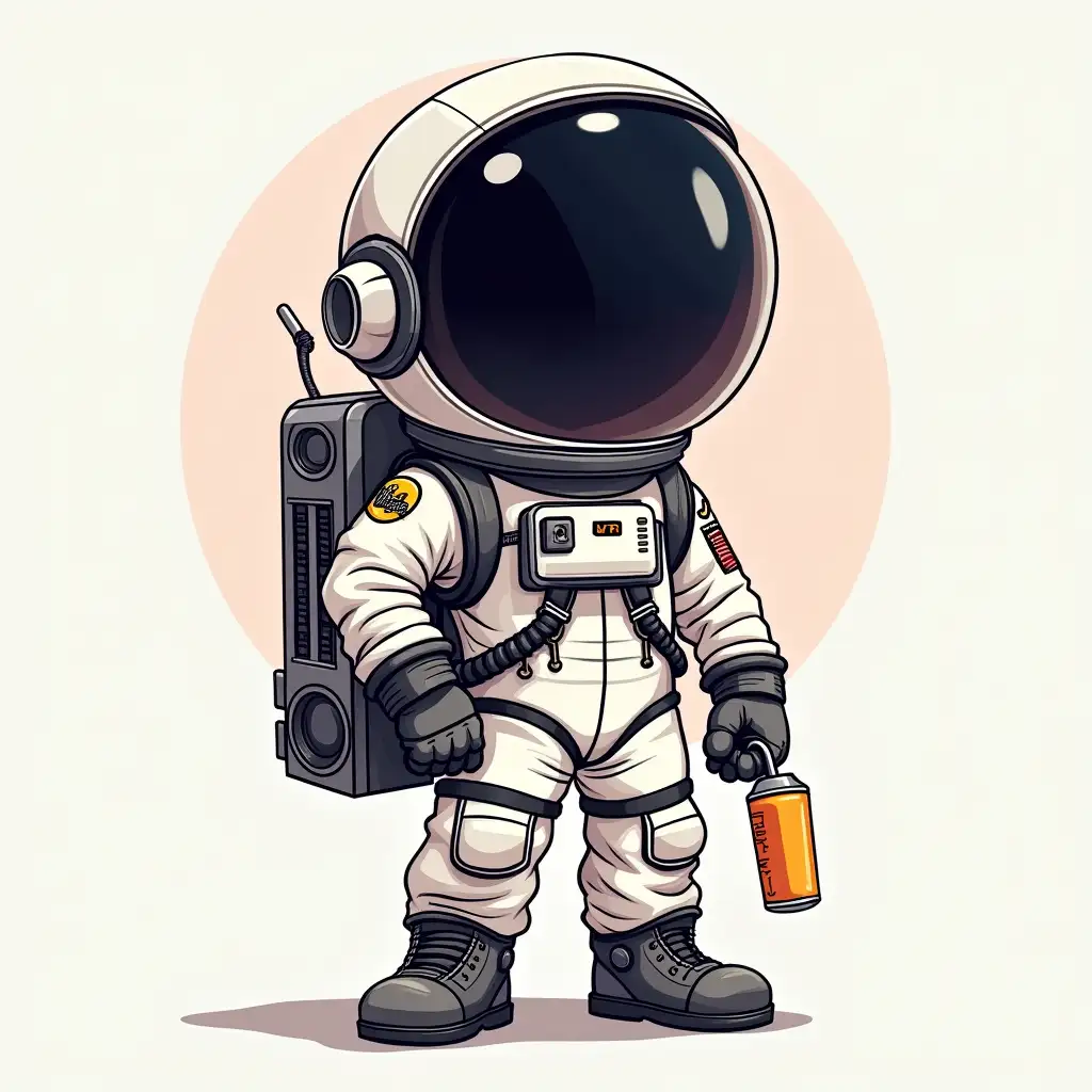 A futuristic astronaut with an oversized, glossy black helmet, reflecting light, standing in a stylish pose. The astronaut is wearing a sleek and modern space suit with detailed textures, including metallic accents, tubes, and patches. The suit is primarily white with dark and metallic elements, resembling real astronaut gear but with a trendy, futuristic twist. The character holds a retro-style boombox on one shoulder and a futuristic energy drink in the other hand. The background is minimalistic, with a soft pastel tone, giving the illustration a cool and modern feel. The art style is vibrant, detailed, and slightly cartoonish.