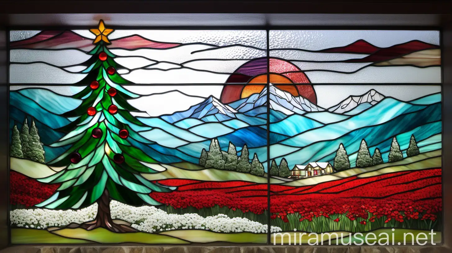 Tiffany Stained Glass Wall Art with Christmas Tree and Mountain Scenery