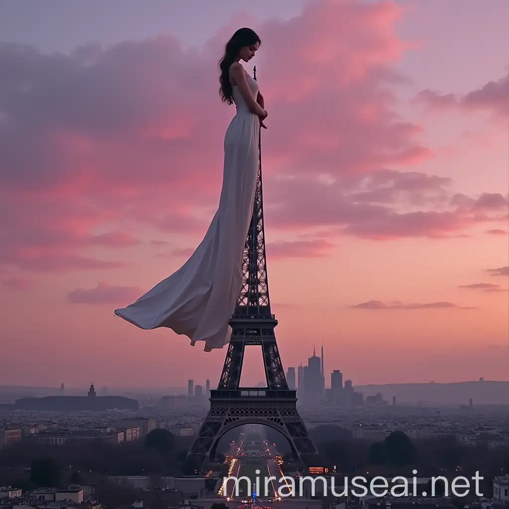 Giantess Embracing Eiffel Tower at Dusk in Paris