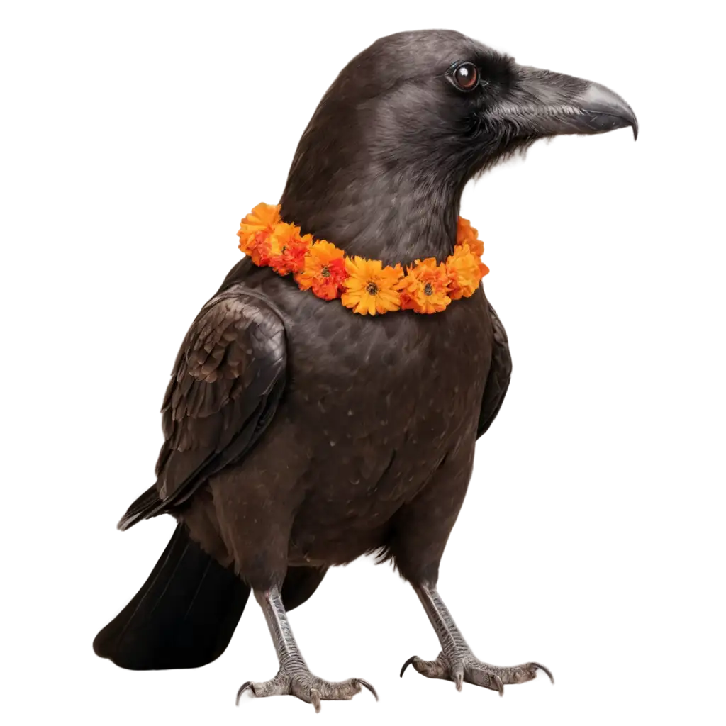 Vibrant-Crow-PNG-with-Marigold-Garland-Perfect-for-Various-Creative-Applications