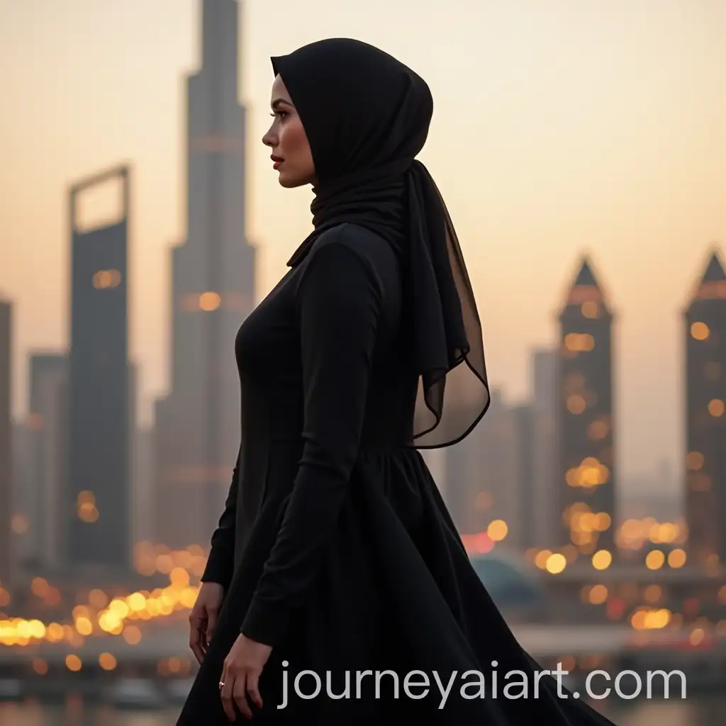 Graceful-Muslim-Woman-in-Black-Abaya-with-Burj-Khalifa-at-Sunset