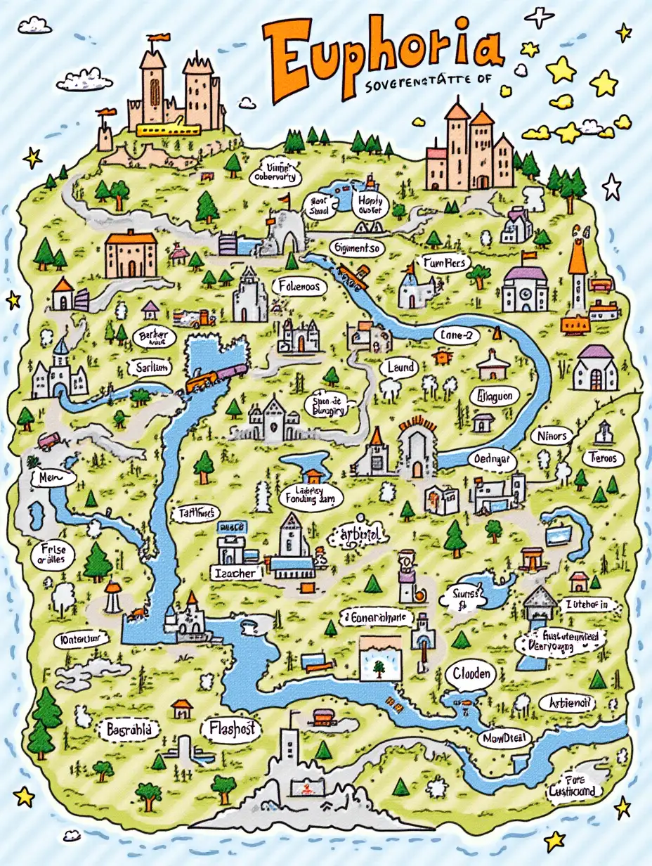 Draw: The image is a colorful, detailed illustration of a fictional place called 'Euphoria,' labeled as the 'Sovereign State of Euphoria.' It resembles a whimsical map or a fantastical cityscape, filled with various vibrant and imaginative elements. Here's a summary of its content: nStructures: There are numerous buildings, towers, and landmarks, each with unique and playful designs. nLandscape: The area is depicted with mountains, lakes, forests, and whimsical roads winding through the terrain. nVehicles: Various modes of transportation are shown, including a yellow submarine-like vehicle, cars, and a train. nAttractions: The map includes various named locations such as 'Fandango Flats,' 'Tinker's Dam,' 'Gastronomical Observatory,' 'Hog Heaven,' and 'Cloud 9,' among others. nCharacters: Cartoonish characters are scattered throughout, engaging in different activities, adding a lively and bustling atmosphere. nOverall Theme: The image has a playful, surreal, and joyful vibe, suggesting a utopian or dream-like place.