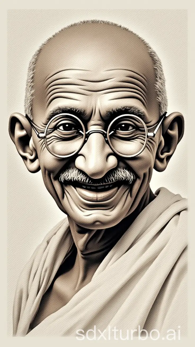 a portrait of Mahatma Gandhi, the iconic Indian leader and philosopher. His face is rendered in a mosaic style, composed of numerous tiny newspaper clippings. The overall effect is a textured, sepia-toned image with a sense of historical depth. Gandhi's signature round glasses and warm smile are prominently featured. The background appears to be a neutral gray color, further emphasizing the focal point of the portrait.