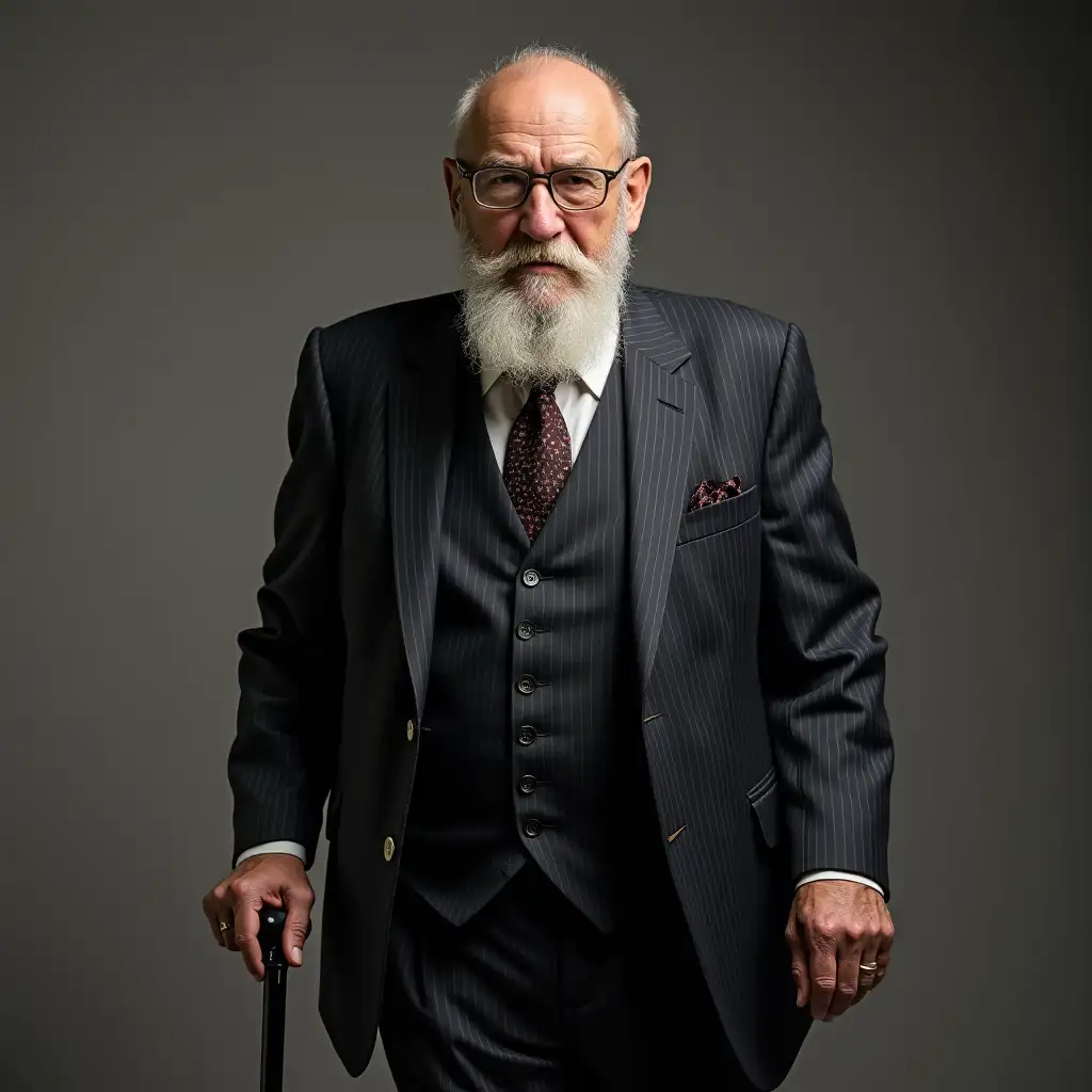 Head and shoulders image. A 71 year old Italian American man with a neat close cropped beard, he wears a pinstripe three piece suit and a pocket watch. He walks with a cane.