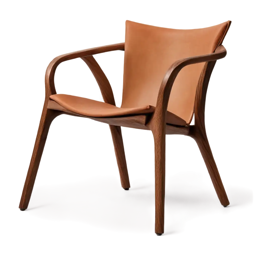 a contemporary Brazilian chair in wood and caramel leather, with soft and delicate lines.