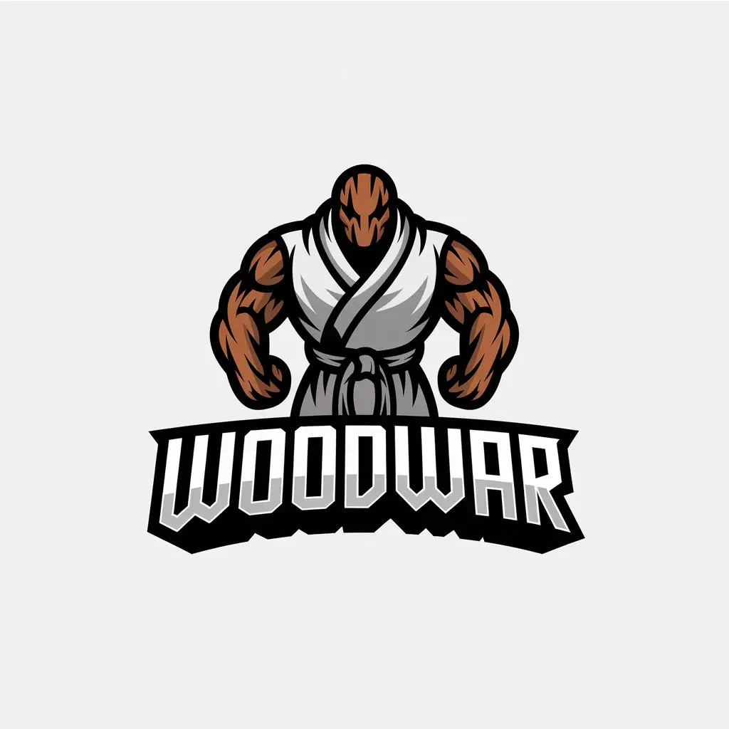 LOGO Design for Woodwar Muscular Wooden Humanoid in Karate Kimono for Sports Fitness