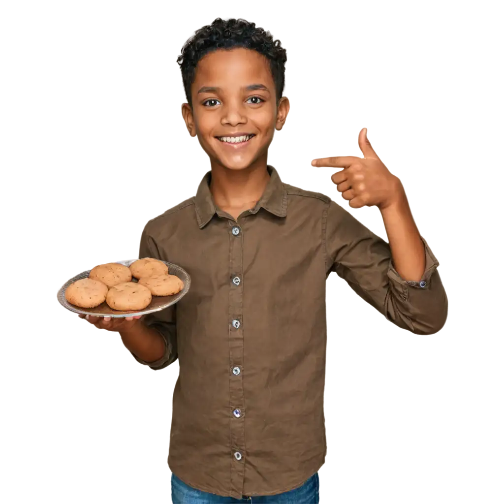 A little black African boy, with a poor appearance because of his clothes, with a beautiful smile, handing out cookies on the road in a landscape and, with the other hand, showing the thumb with the sign that the cookie is delicious