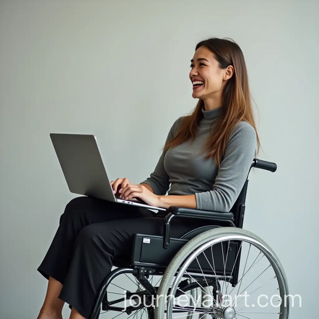 Happy-Woman-in-Professional-Dress-Sitting-on-Wheelchair-with-Laptop-Speaking-Enthusiastically