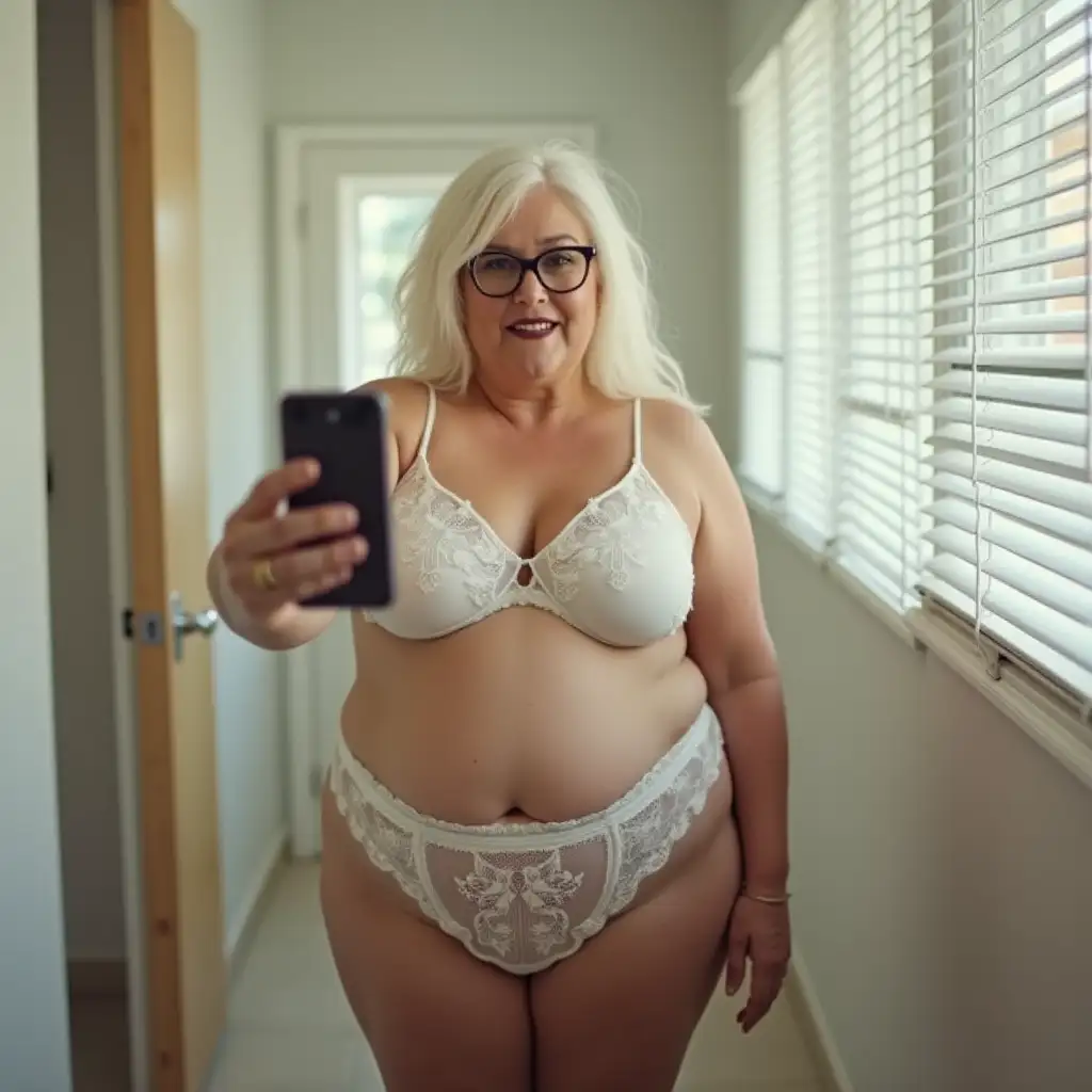 A full-body mirror selfie taken from a first-person perspective. An OBESE 70 years old woman stands facing in front of the mirror, (VERY THIN AND SMALL white Hi-Cut lace Bikini Underwear Slingshot, glasses, DARK LIPSTICK, cellulite,). Her platinum blonde hair falls over her shoulders. She holds a phone outstretched, capturing her reflection. The hand with the phone hides her face. (The fitting room for clothes in a store is bright with a light featuring white blinds in the background.), The mirror frame and wall are visible, creating an intimate bathroom setting., (day lighting), HD, vivid colors, detailed portrait. No fogging, 8k, ultra hd photorealistic full height 8k, 