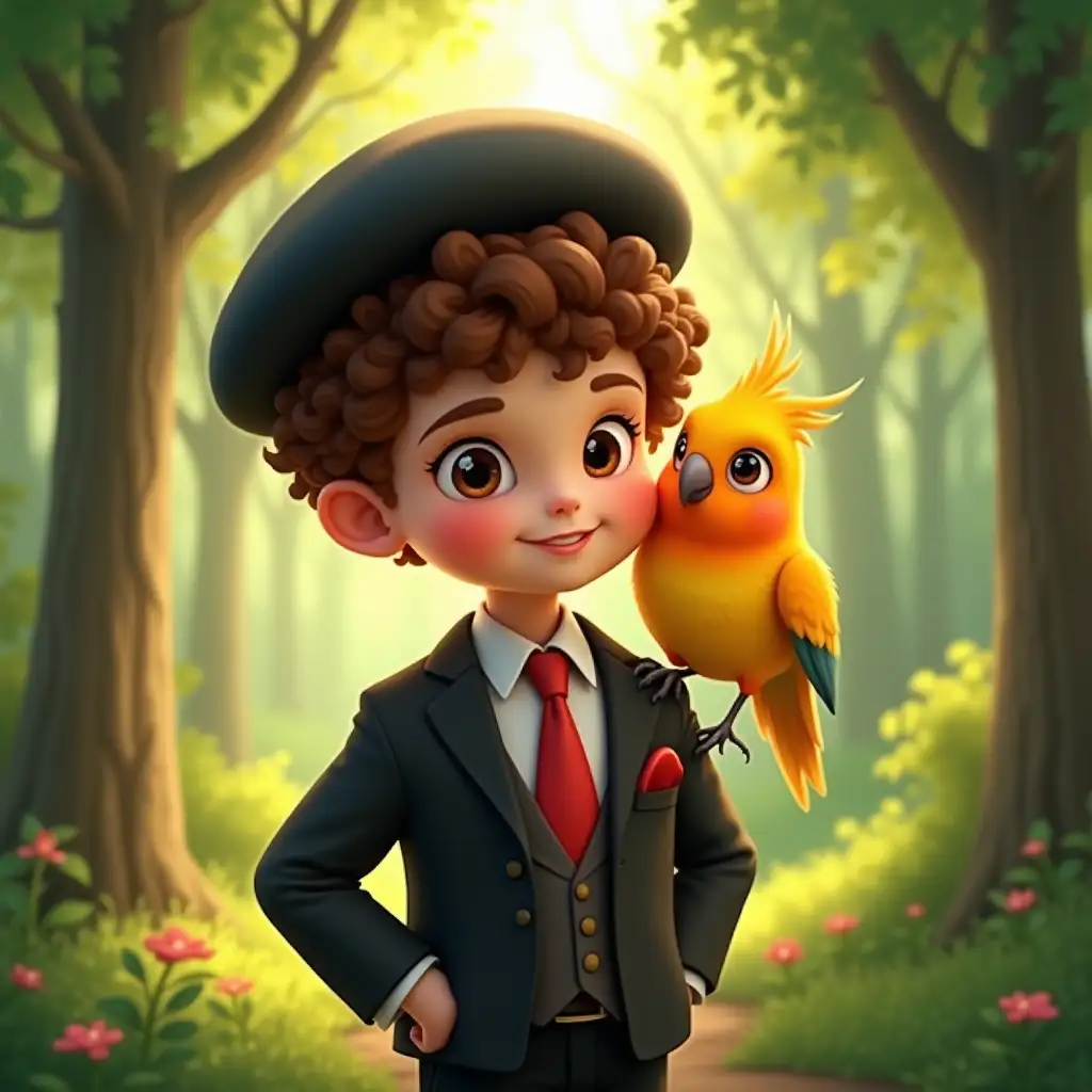 Create a whimsical, 3D-style illustration of a young boy with curly brown hair and rosy cheeks, wearing a black beret and a formal black suit with a red tie and matching pocket square. The boy is standing in a lush, green forest with sunlight filtering through the trees, casting a warm glow. Perched on his shoulder is a cheerful cockatiel with vibrant yellow and orange feathers, looking curiously at the viewer. The scene should evoke a sense of wonder and friendship in a serene, natural setting.