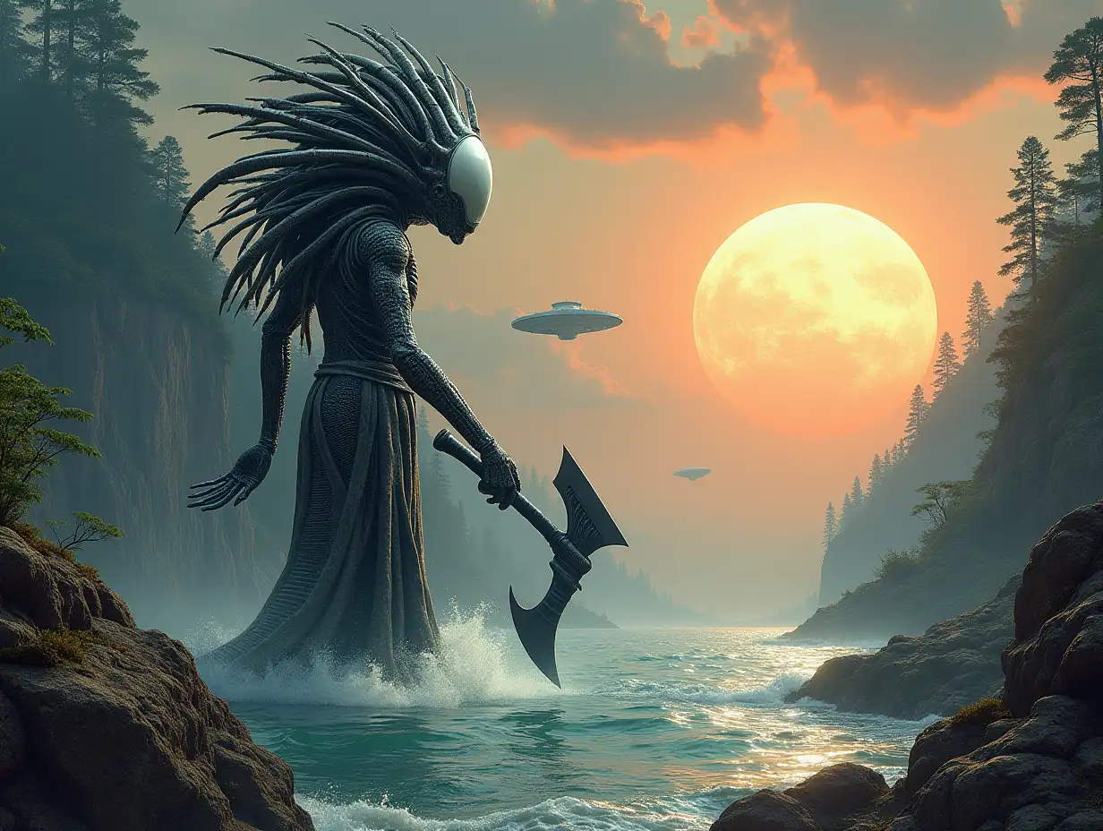 Hyperrealistic portrait of a 15 meter tall metal alien king with black and white metal hair, holding an ax in the sea, facing a 10 meter alien predator with a giant alien snake with waves on a rock with plants   the intricately detailed, colorful forested planet with sun and ufo background