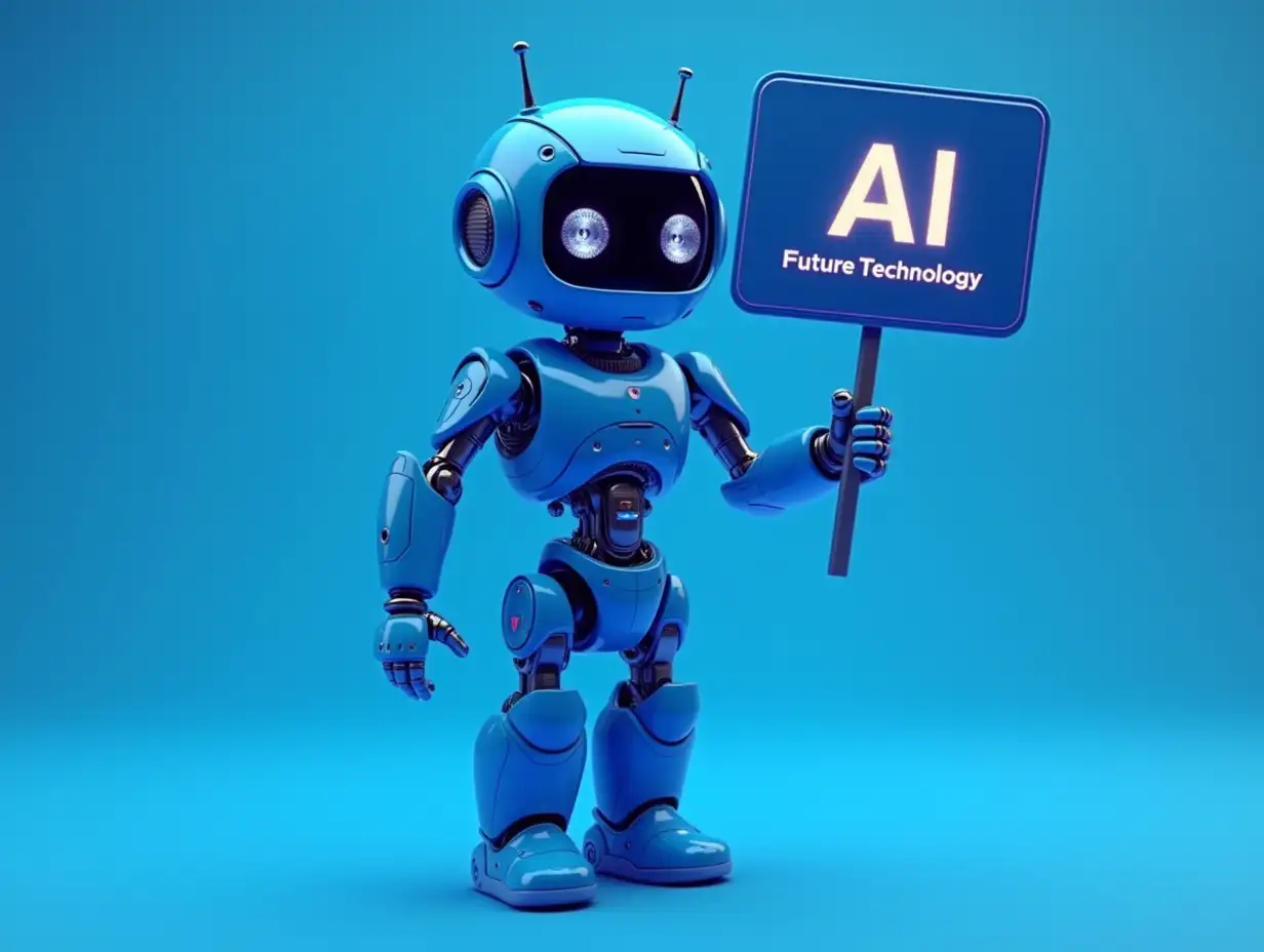 Create a picture of a blue-colored artificial intelligence robot holding a sign that reads “FluxAI Future Technology” and below it, in smaller letters, “InFlux Technologies Limited”