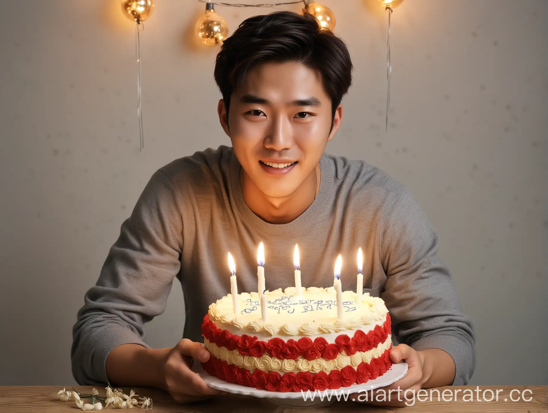 Young-Korean-Man-Celebrating-Birthday-with-Cake-and-Decorations