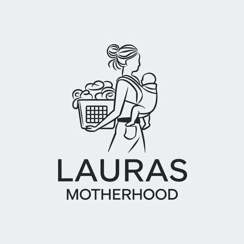 LOGO Design for Lauras Motherhood Woman Holding Laundry Basket with Baby in Carrier Minimalistic Style for Home Family Industry