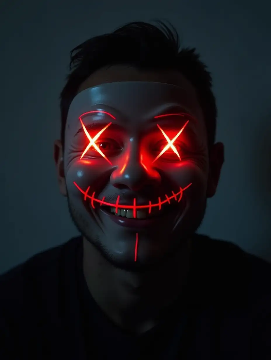 A man with a face mask has eyes that glow red. He smiles and then starts laughing