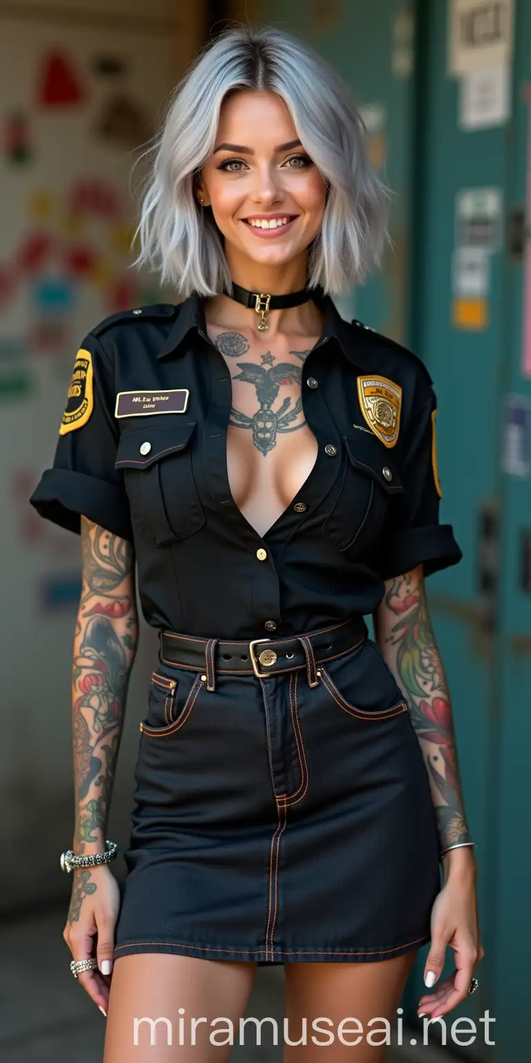 Beautiful Woman with Silver Hair Cosplaying Police Officer