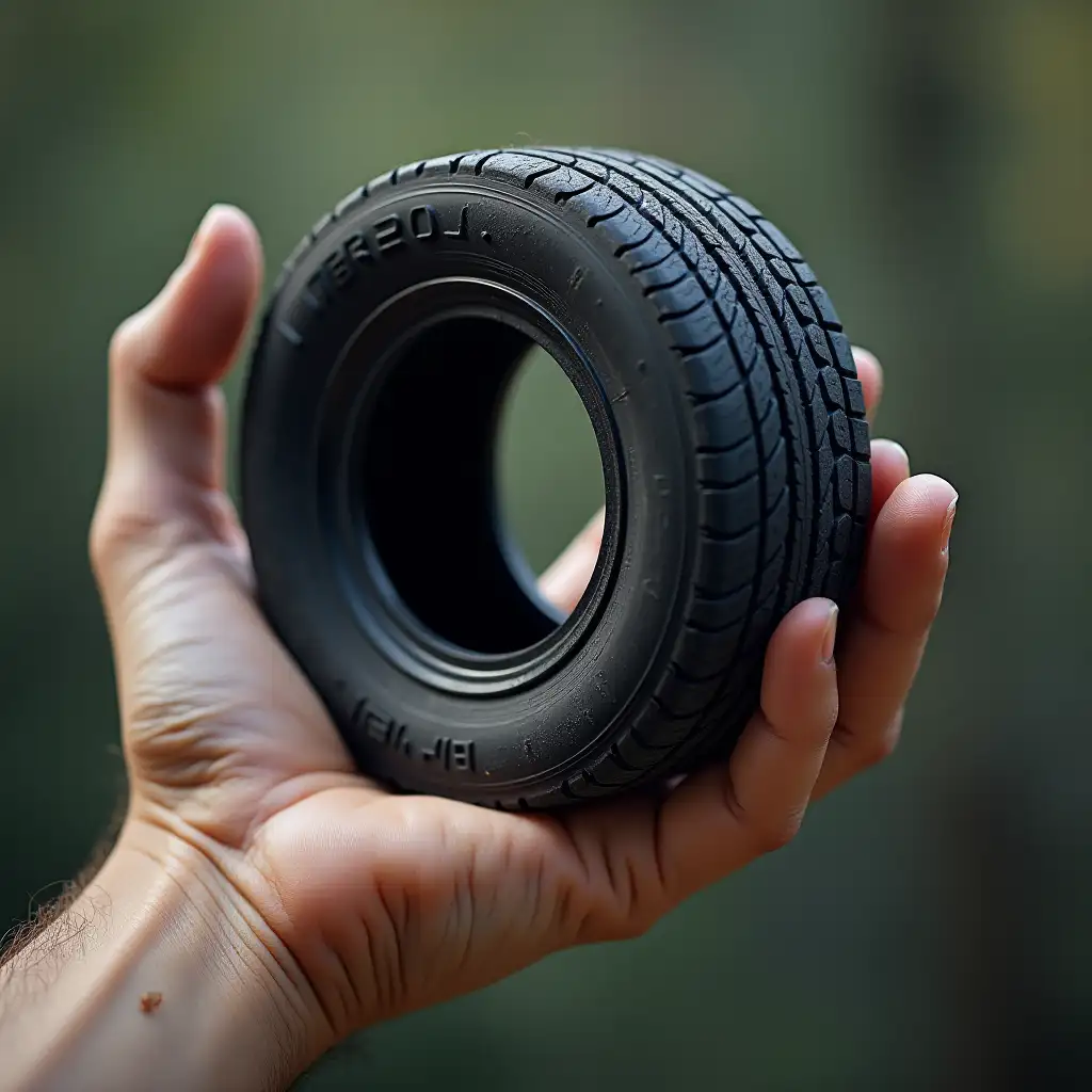 a hand create by a tyre, in hand a man is holding tyre