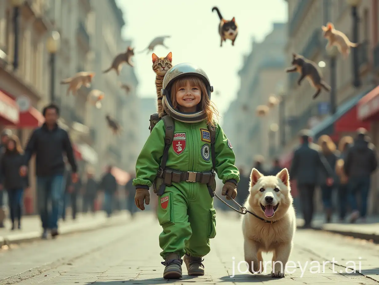 Little-Girl-in-Green-Spacesuit-Walking-on-City-Street-with-Cat-and-Dog