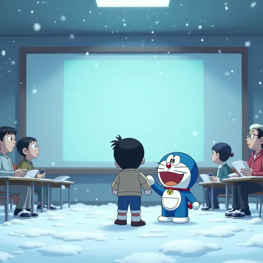 Visual: Nobita standing in a frozen classroom while everyone else is frozen in time. Doraemon stands beside him, watching the scene with amusement.