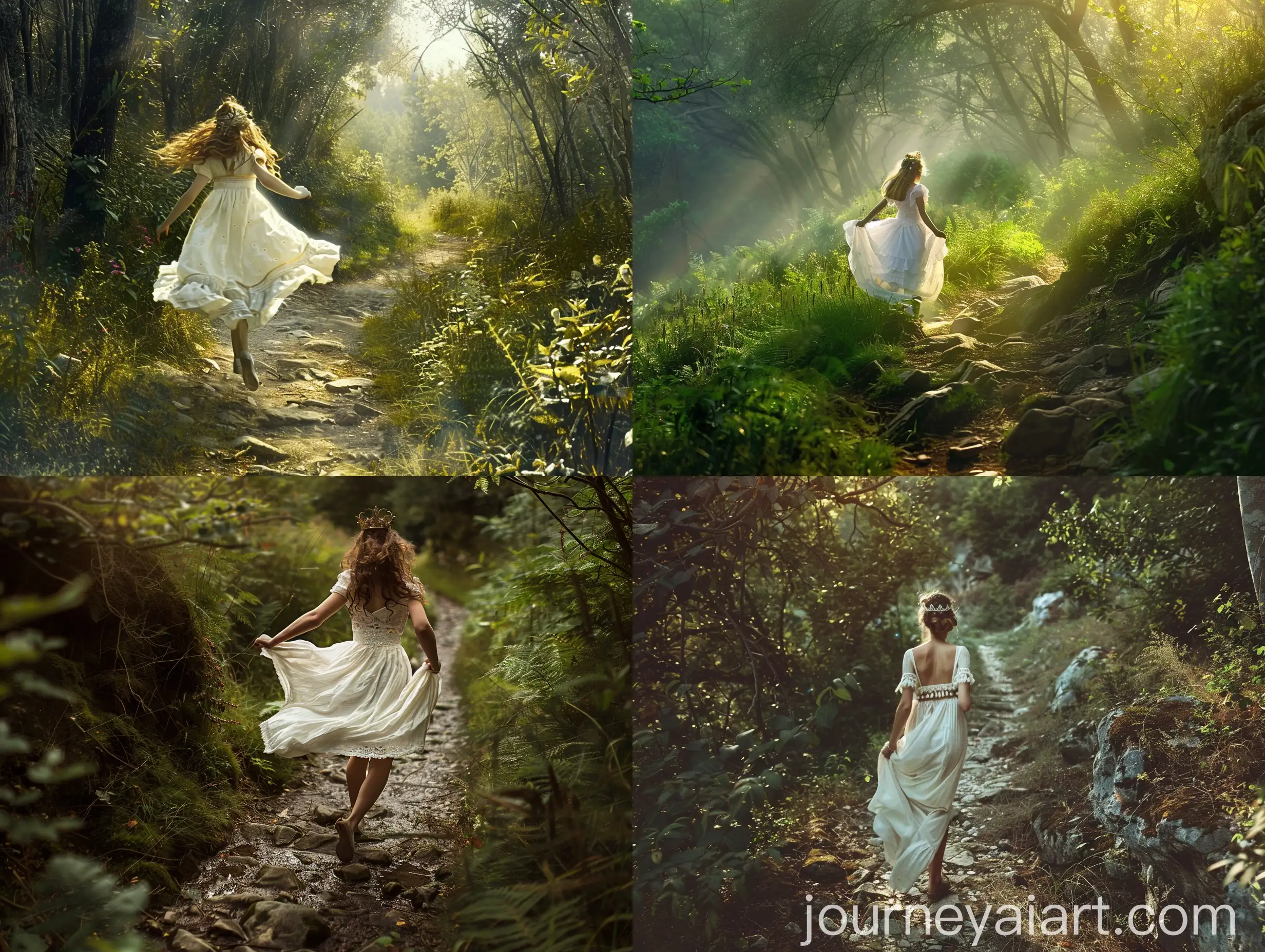 Princess-Running-on-Stony-Path-in-Forest-to-Hill