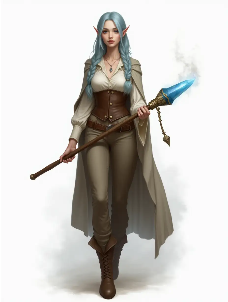 Full-body female elf, semi-realistic fantasy style. Mid-20s, average height, slim curvy build, pale skin. Long light blue hair in loose braid with face-framing bangs. Silver eyes, calm tired expression. Delicate sharp facial features, high cheekbones. Outfit: cream blouse under brown corset, earthy trousers, sturdy boots, cloak. Lazily holding a blue crystal-tipped ornate staff with flame-like magic flickering at the end, letting it hang at her back. Confident posture, soft lighting, solid white/grey background. Intricate details, sharp focus, painterly textures, mystical atmosphere.