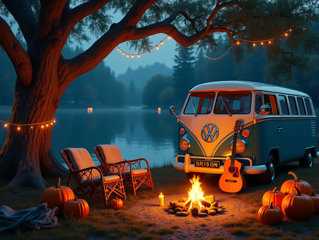 Ultradetailed hyperrealistic portrait a vwbuß a guitar leans on the vw buß lake with a very large tree with light chain pumpkins with candles campfire two rattan chairs with blanket elaborately detailed, colorful