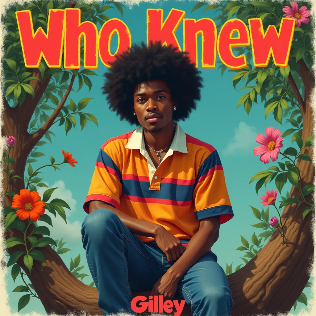 Generate an album cover with the following specifications: Title: 'Who Knew' Artist: Gilley Color scheme: Vibrant, bold hues with a mix of bright and muted tones. Depict Gilley sitting on a tree branch, surrounded by lush green leaves and vibrant flowers, with soft, natural lighting. Gilley should have a very short afro and wear a bold, striped rugby shirt in bright colors, conveying confidence and unique style. Use a bold, playful typeface (such as graffiti-inspired lettering) for the text: Display 'Who Knew' prominently at the top of the cover. Position 'Gilley' at the bottom of the cover. Incorporate natural textures and convey a playful, whimsical atmosphere, capturing the essence of confidence and self-empowerment. Output: High-resolution album cover image.