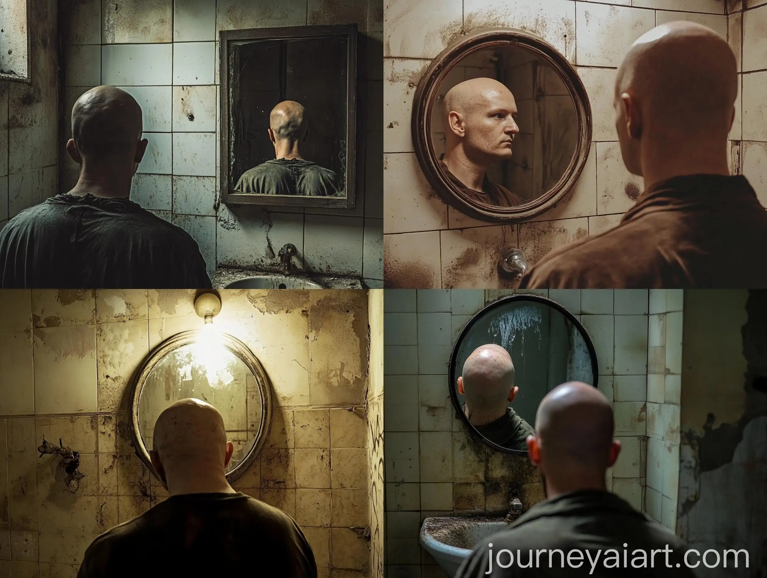 Bald-Person-Reflecting-in-Dimly-Lit-Rustic-Bathroom