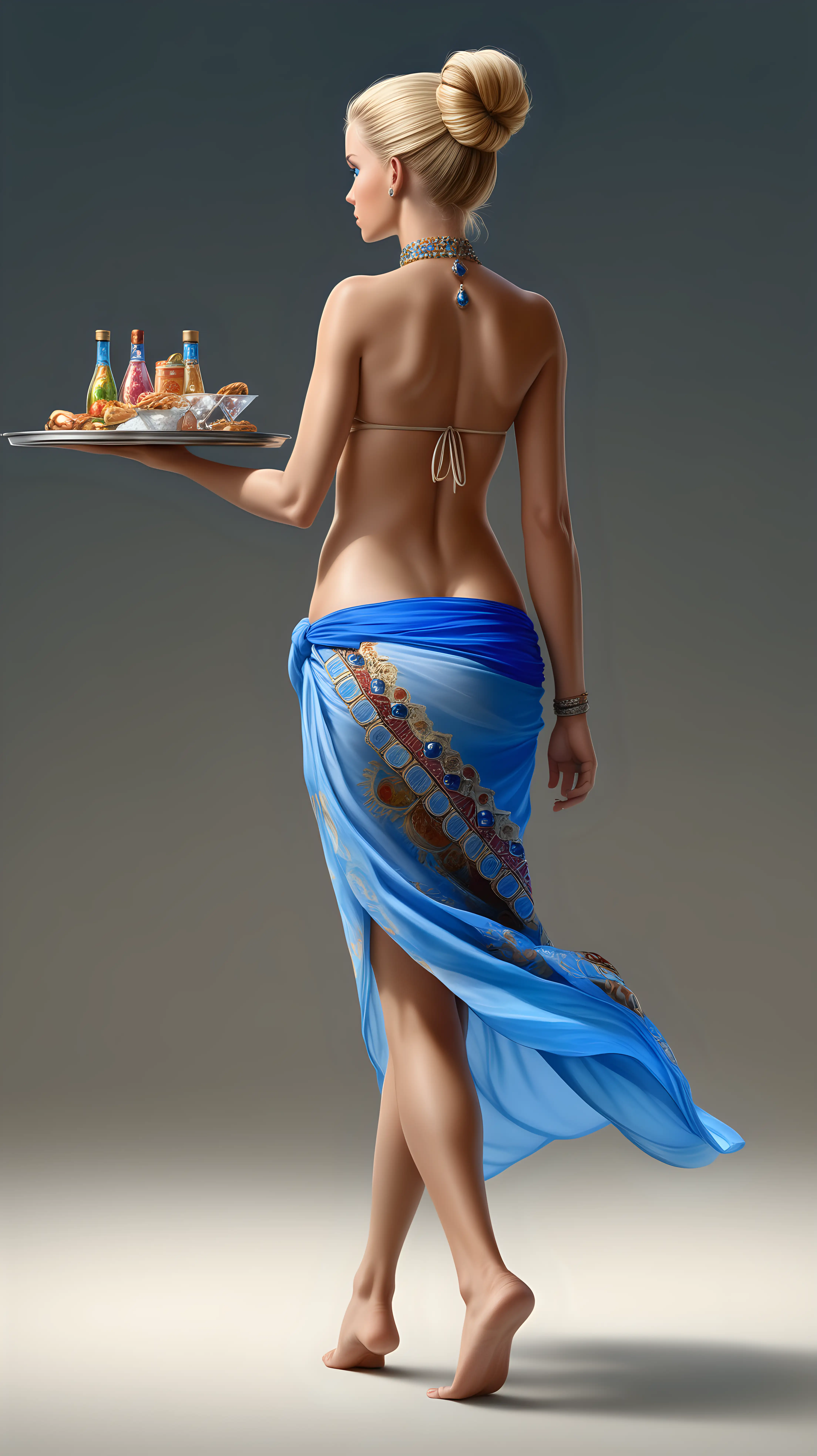 a hyperrealistic portret of a beautiful young woman with blond hair with bun, blue eyes, light-tanned skin, only wearing long sarong and strapless micro-bikini top with Spanish ornamentation and jewels and strapless micro-bikini top, walking elegantly, holding a tray of food, back view, hyperrealistic,(full body)
