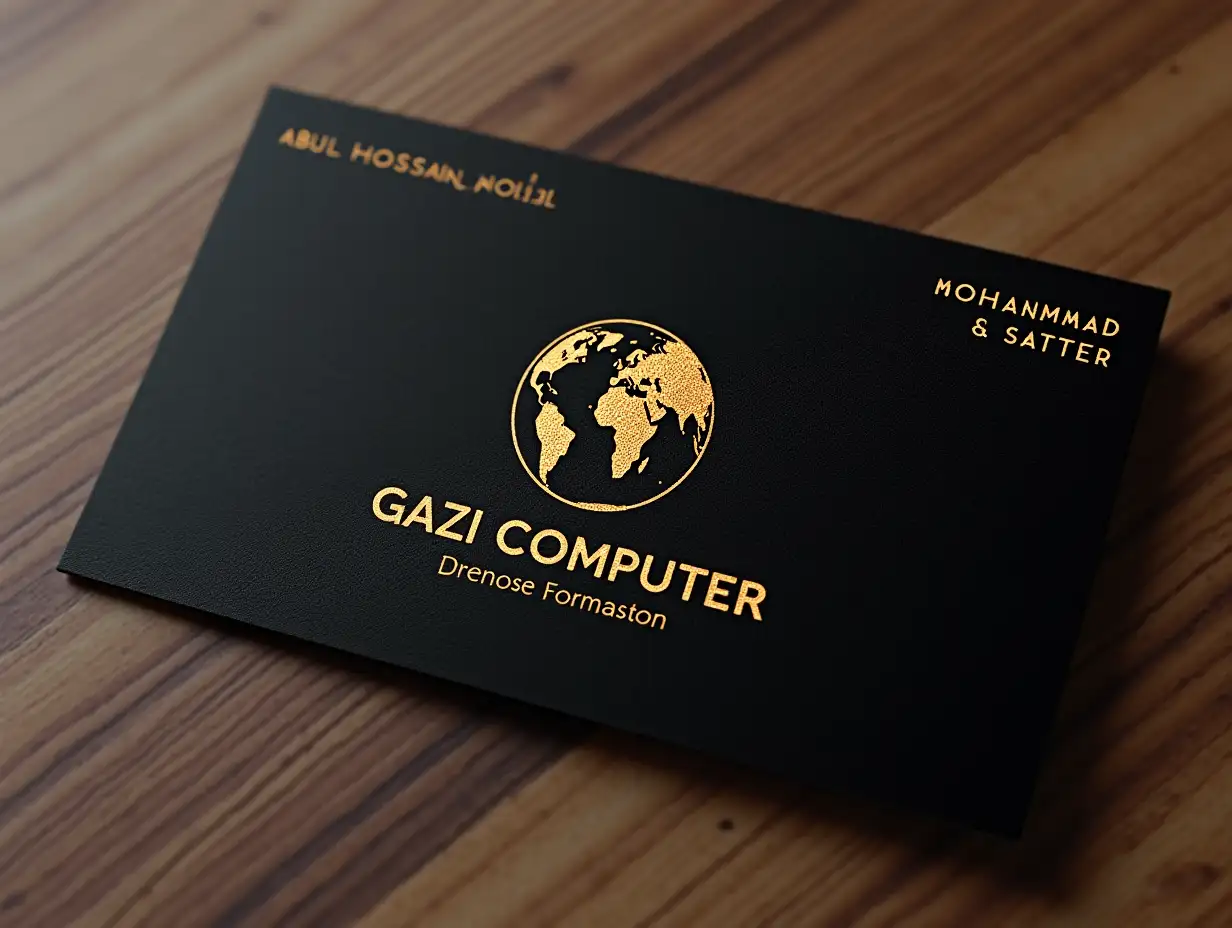 A visiting card, written GAZI COMPUTER glittering golden color, a logo, earth map with computer structure,  ABUL HOSSAIN SOHEL on upper left corner  MOHAMMAD SATTER on upper right corner[Card is in black color, words are in white color]