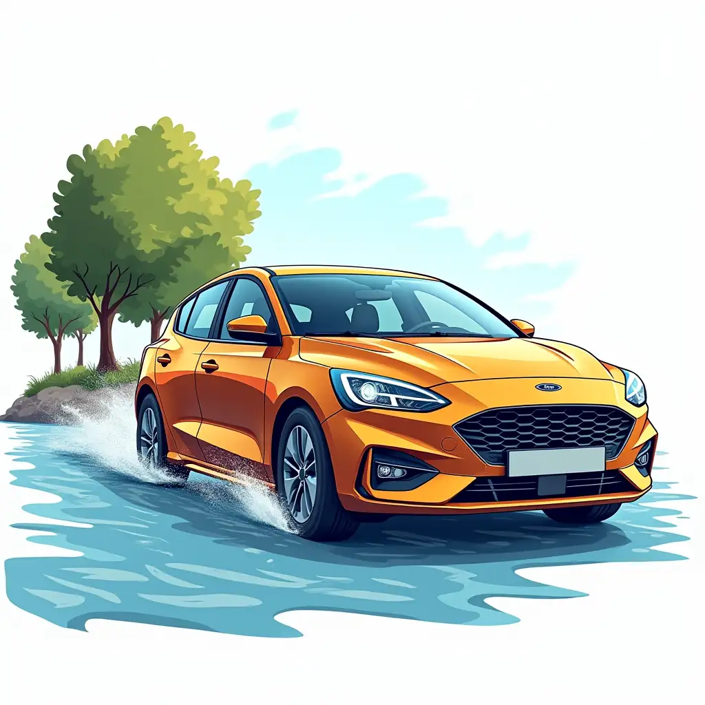 Illustration of a modern car Ford Focus. Close-up of the car. Cartoon style.  The automobile is going at a high speed. Trees and a river are present. All these elements should be placed on a white clean background.