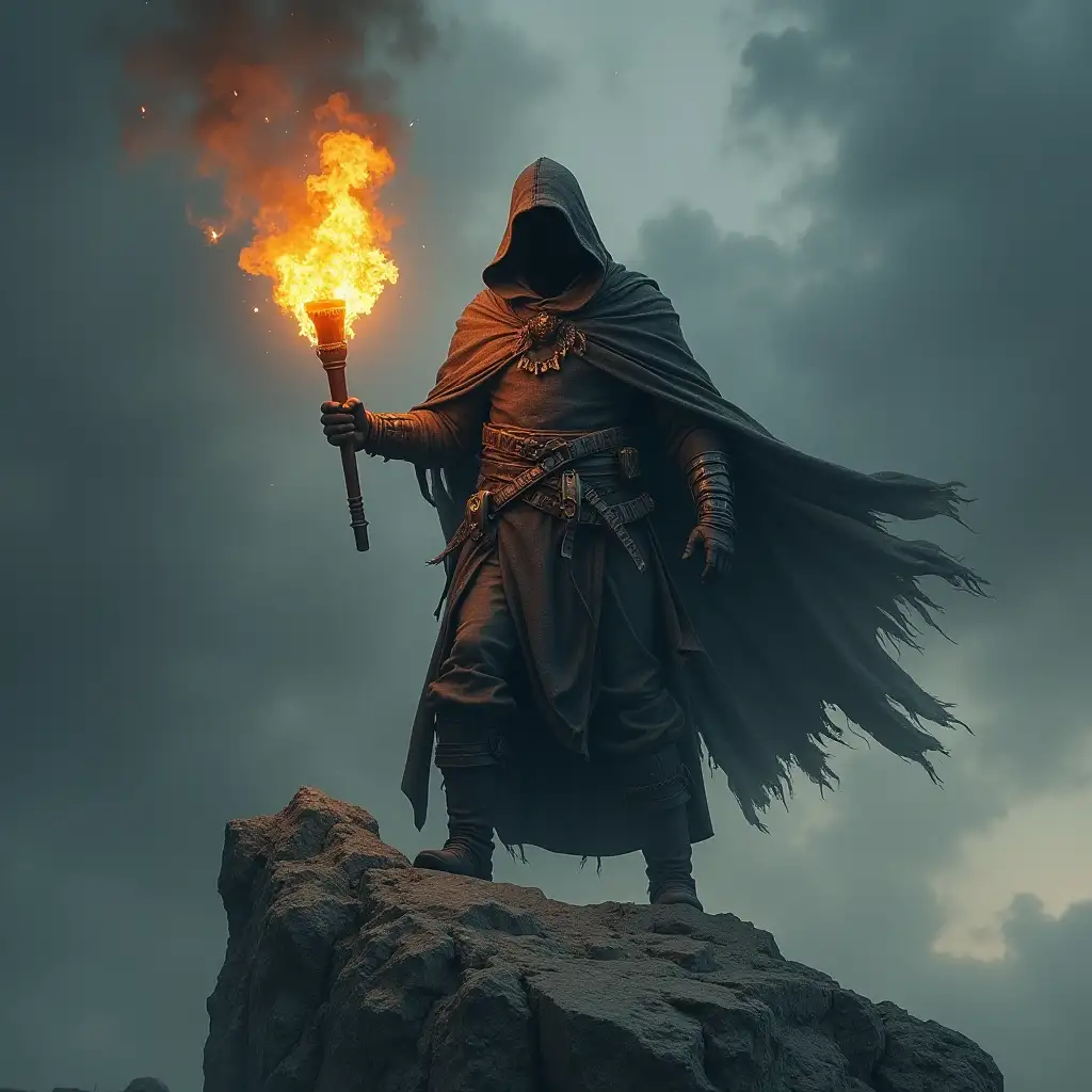 A hooded figure, likely a male, middle-aged, and of indeterminate ethnicity, stands atop a rocky outcrop against a dramatic sky. The figure wears dark, tattered, flowing robes and leather armor.  His face is unseen, obscured by a hood. He holds a flaming torch, sending off orange and yellow flames and smoke,  and  the torch's light illuminates his figure against a cloudy, stormy sky.  The figure's pose suggests action or defiance.  The rocky outcrop fills the lower portion of the image, providing a grounded base.  The colors are muted, with deep darks, grays, and orange flame tones, creating a dramatic and epic mood.  The stormy sky adds to the atmosphere of danger. The figure takes up the majority of the mid-ground of the image, centrally positioned.  A variety of details are present like sparks and smoke. The lighting suggests a dramatic, high-dynamic-range (HDR) style; highlighted areas are bright, while shadowed areas remain intensely dark. The image evokes a fantasy style, suggestive of a video game or book illustration. The subject is oriented towards the center of the image. The perspective is from a slightly lower angle, focusing on the figure on the rock.