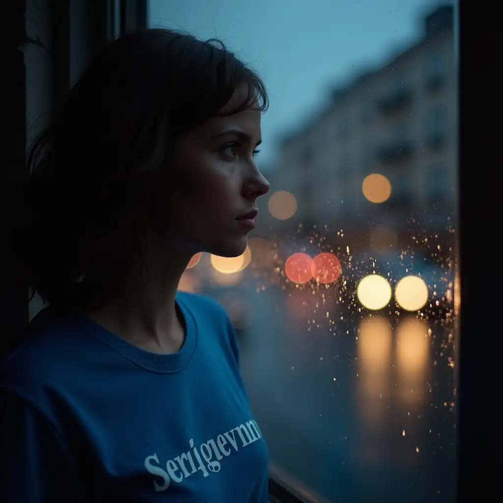we see in women from side. top half of head out of the picture frame. she is in the blue t-shirt with label Sergeevna on it. She is looking thru the window to the rain. Out there night town in street lights