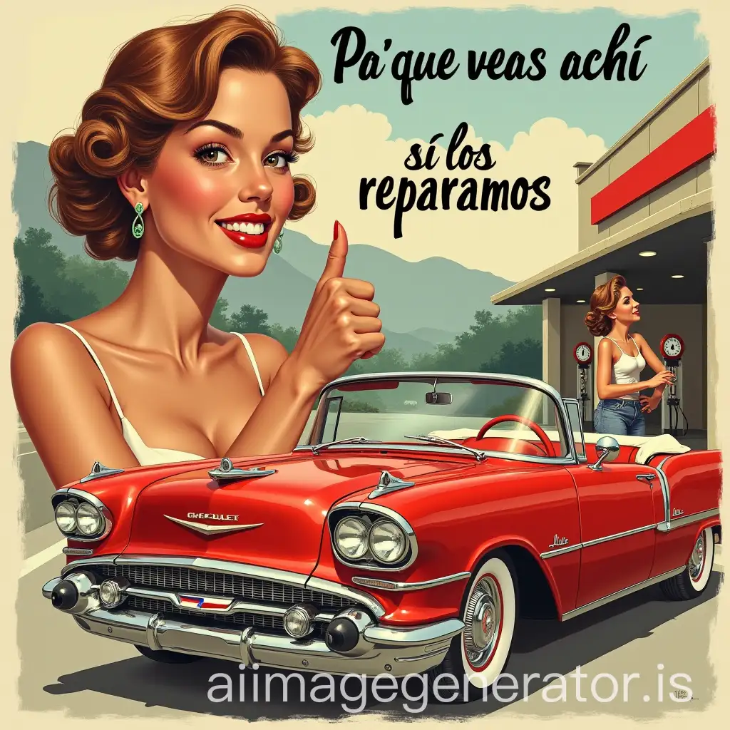 Vintage-50s-Advertising-Poster-with-Sexy-Girls-and-Red-Chevrolet-Convertible-at-Gas-Station