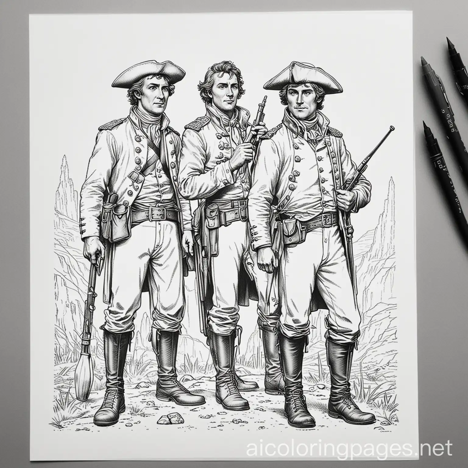 lewis and clark Coloring Page, black and white, line art, white background, Simplicity, Ample White Space