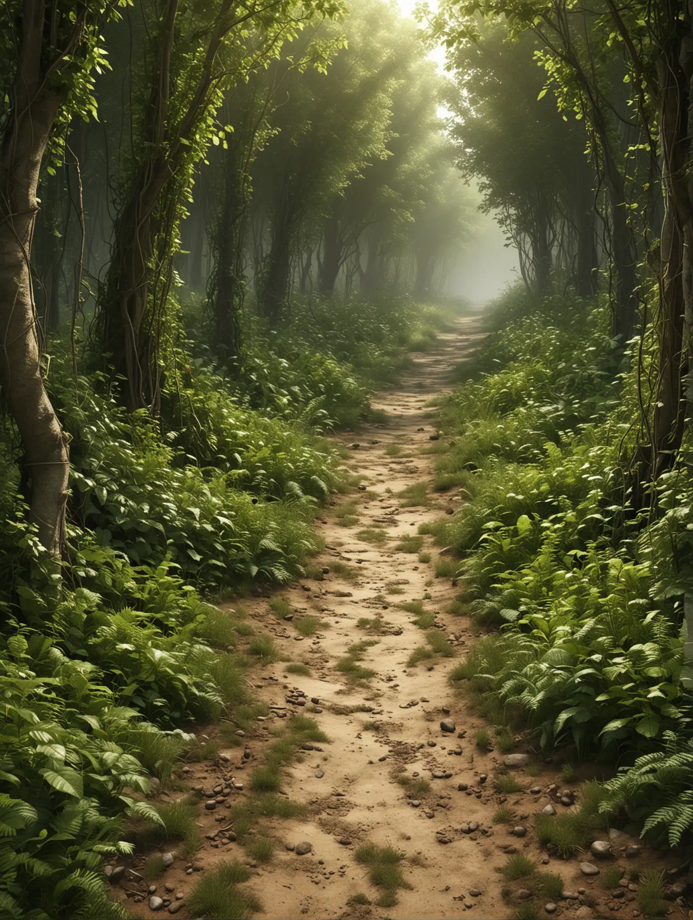 Serene Forest Path with Vines and Trees