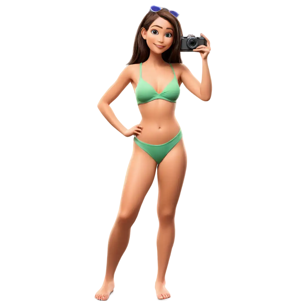 Pixar-Style-PNG-Image-of-a-Girl-in-Bikini-Taking-a-Photograph