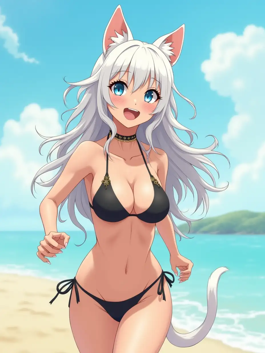 A mature adult feline/woman active running down a beach. Her 30-something years are disguised by her youthful facial features, except for her subtle wrinkles around the eyes, extremely slender body. Her ample bosom strains against her bikini, extreme cleavage.  Wearing black shoes. She has piercing blue cat eyes. A choker adorns her neck, a subtle hint at her feline nature. Her long, white hair cascades down her back like a wild waterfall, tangled and disheveled. Her cat-like teeth glint in the light, as her white fur-lined ears punctuate her visage with sparkling black and gold earring adorns each ear, adding a touch of elegance to her feline features. Cat whiskers on her face. The attached tail at the base of her spine stirs lazily.  Long fingernails. Full view. Anime.