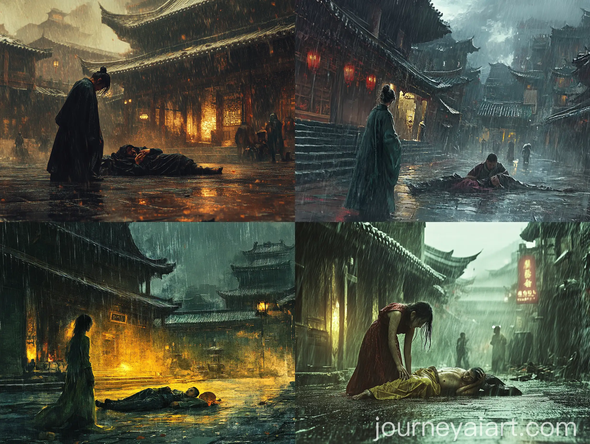 Girl-Helping-Monk-in-Rain-to-Ruined-Temple-Changan-Scene