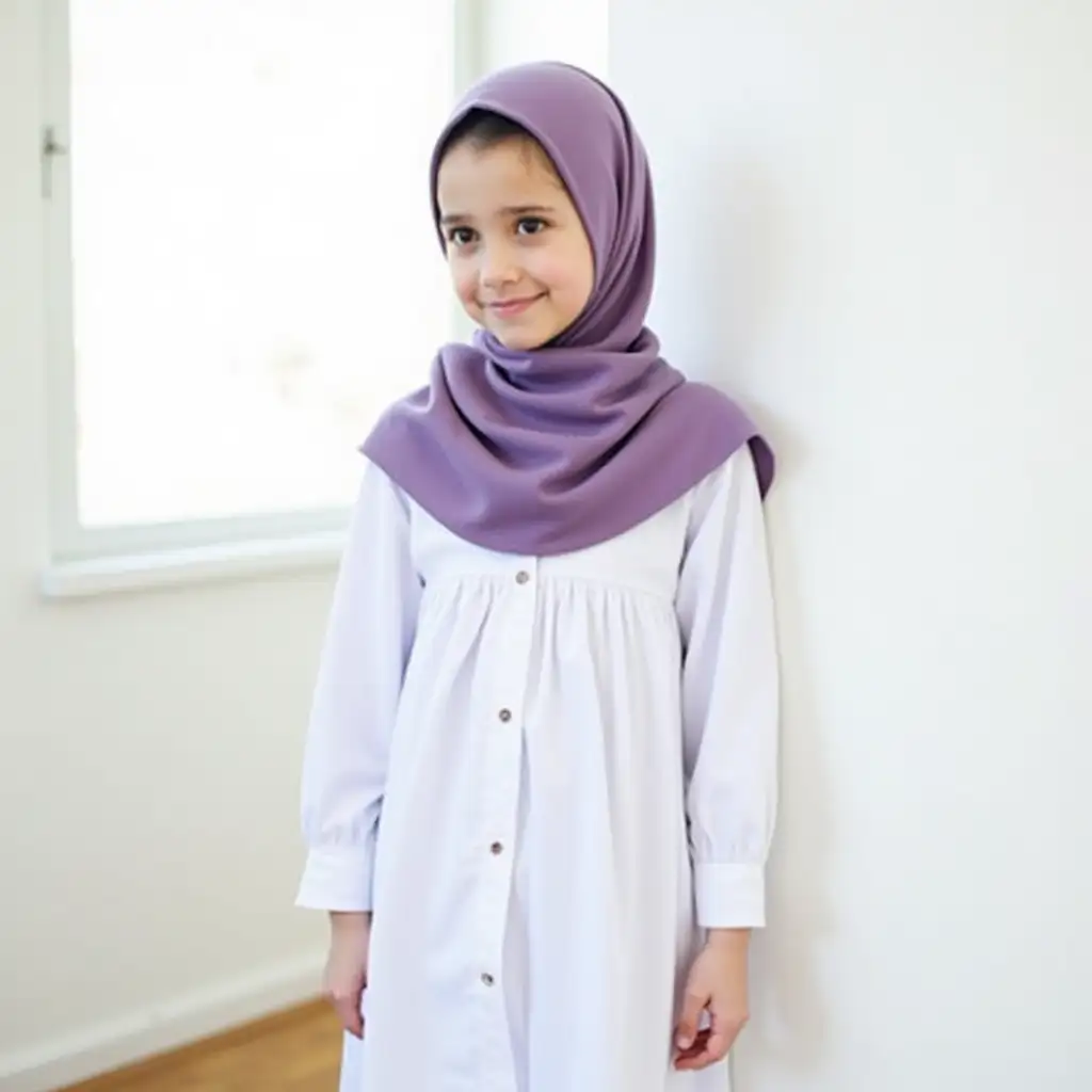 Girl-in-Purple-Hijab-and-White-Dress-Standing-by-Bright-Window