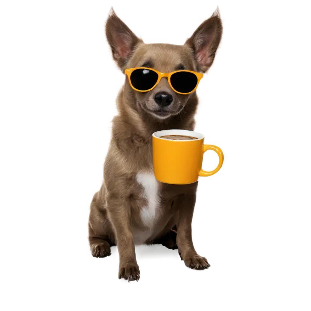 a dog wearing sunglasses, sipping coffee from a mug