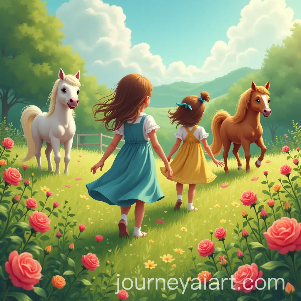 Girls-Riding-Colored-Horses-Through-a-Green-Meadow-with-Colorful-Roses