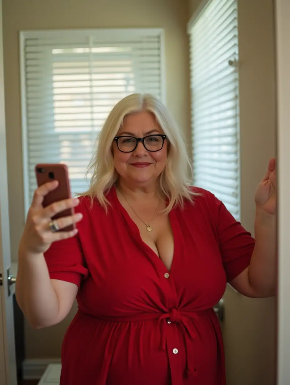 Chubby-50YearOld-Woman-Taking-FullBody-Mirror-Selfie-in-Bright-Fitting-Room