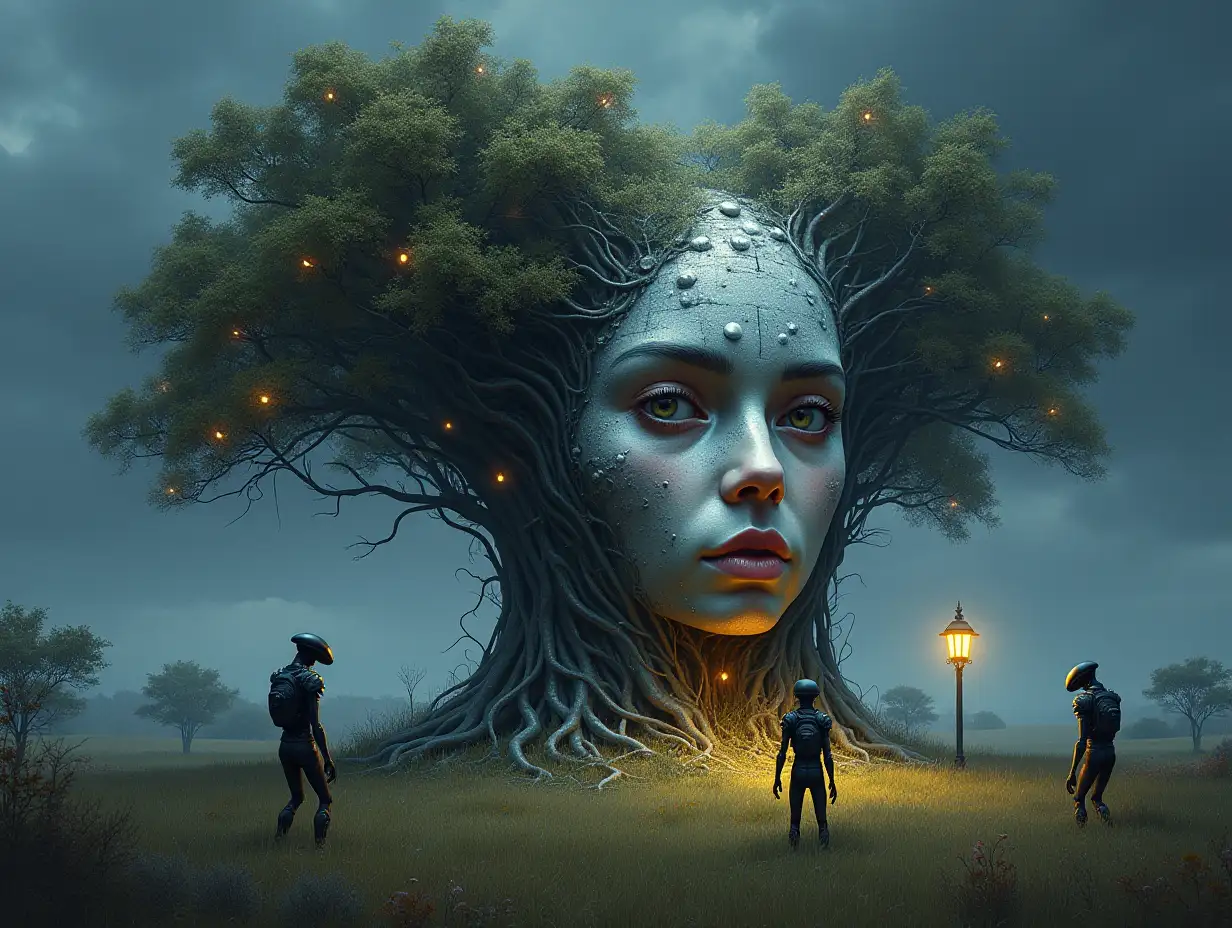 Creating a digital painting of a face with hair turning into a building with silver stone and Illuminated trees with roots and lantern and alien creatures on a meadow 