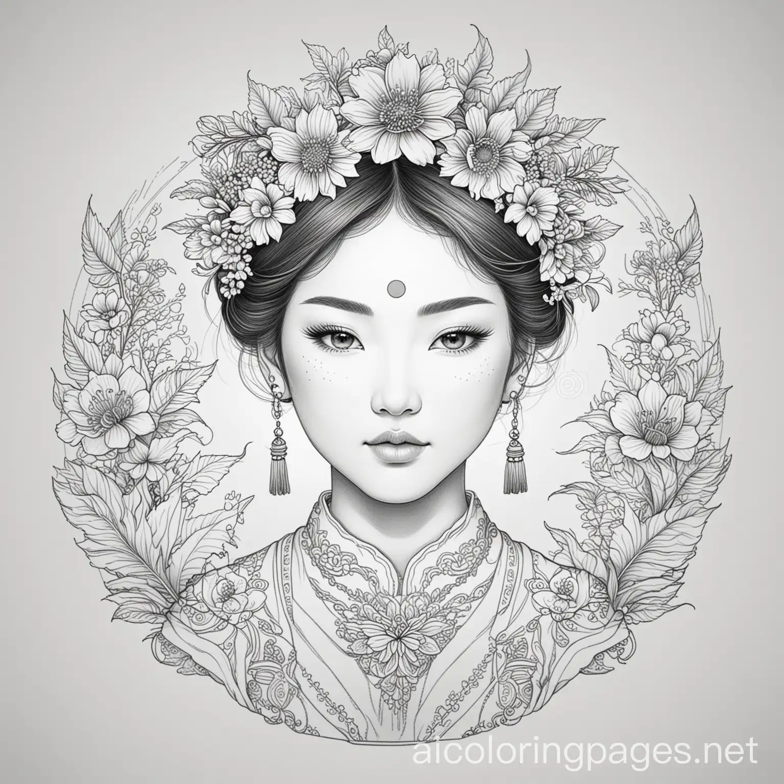 Chinese-Women-in-National-Dress-with-Eastern-Flower-Crown-for-Adult-Coloring-Book