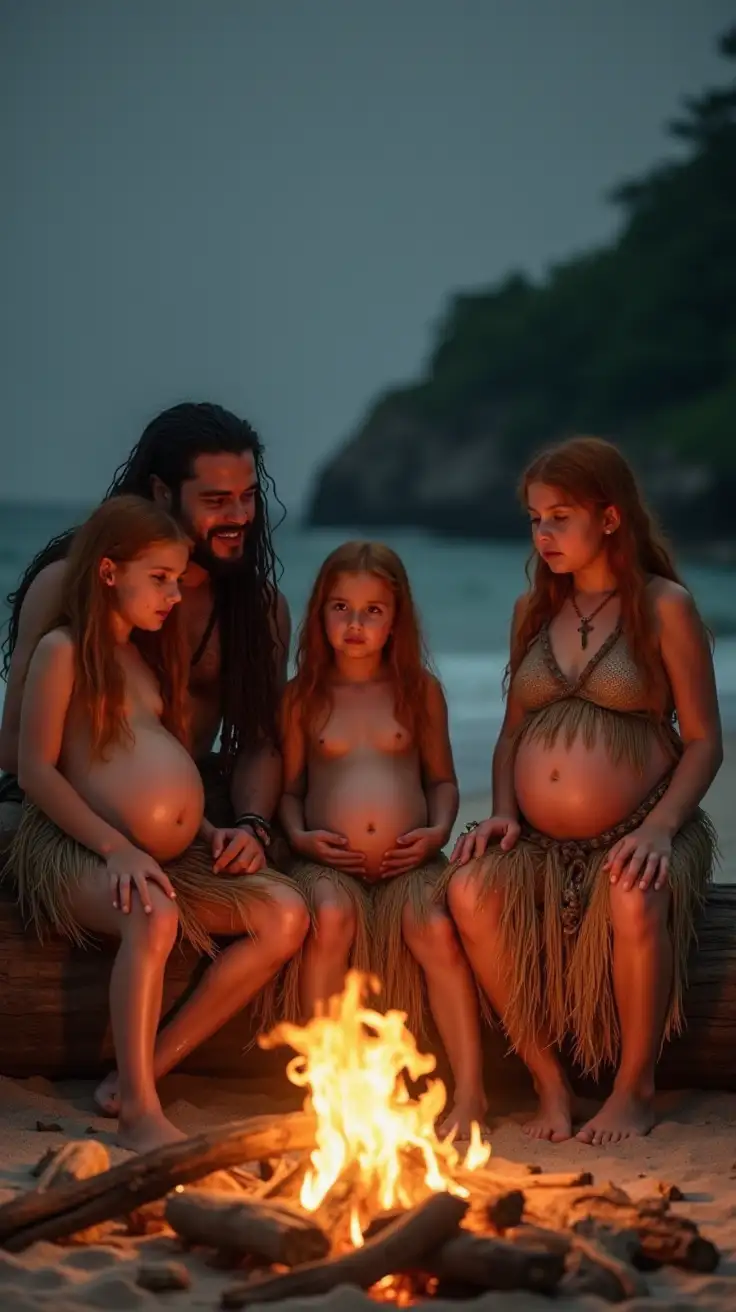 a family of castaway, father mother and several preteen daughters, sit on logs around a bonfire on a beach. each girl has long copper hair and is wearing a grass skirt, showing off a pregnant belly.